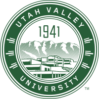 The seal of Utah Valley University, with a representation of the main campus and Mount Timpanogos behind it