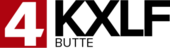 A white 4 in a red square to the left, with two lines of black lettering: the top line has "KXLF" in a large, bolded serif, and the bottom line has "BUTTE" in a smaller, thin serif.