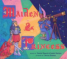 An illustration of a maiden in a suit of armor looking up at a princess with a telescope.