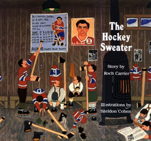 Illustrated book cover of a young boy pointing to a wall poster of Maurice Richard's career statistics using a hockey stick as several of his friends look on