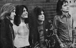 T. Rex during their heyday (left to right): Bill Legend, Mickey Finn, Marc Bolan, Steve Currie