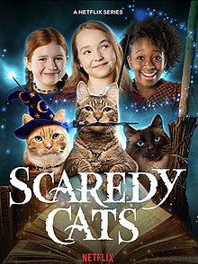 Poster of Scaredy Cats depicting Willa Ward (Sophia Reid-Gantzert), Scout (Ava Augustin) and Lucy (Daphne Hoskins) with cats and various magical equipment