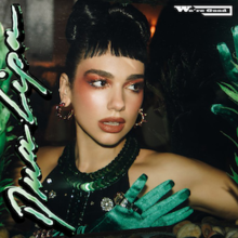 Dua Lipa wearing a green dress and gloves with red makeup and her hair tied up in a bun. She poses looking to the right and puts her hand up in front of her. Her name appears in green font vertically on the left while the song's title "We're Good" appears in the top right in small white font.