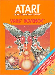 Cover art for Yars' Revenge. The top half reads "Atari Video Computer System" and below "Yars' Revenge". The bottom half displays a drawn image of a silver robotic fly in battle. On the bottom-right corner there is text that says, "New inside. Yars' Revenge from Atari action-packed comic book".