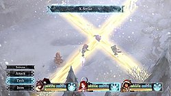 During a battle, two out of a party of three characters perform an attack where they strike with swords at an enemy, creating a cross-like shape.