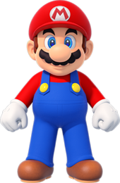 3D render of a cartoon plumber with a mustache, a large round nose, a red cap with the letter M, a red shirt, blue overalls, and brown shoes.