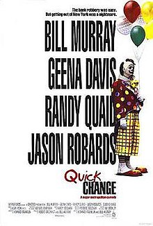 A clown holding some balloons, standing to side. Large block letters of the cast names fill the poster.
