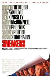 At the top, the names of the cast in block type against a white background. In the lower right corner, the white background is curled up to reveal the faces of Poitier, Redford, Aykroyd, McDonnell, Phoenix, and Strathairn peaking out.