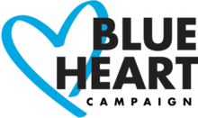 A blue heart shape, with the caption "blue heart campaign", then in a different font, "against Human Trafficking".