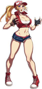An illustration of Terry from SNK Heroines, where he has been turned into a woman, and wears a feminine variant of his regular outfit that bares a lot of skin.