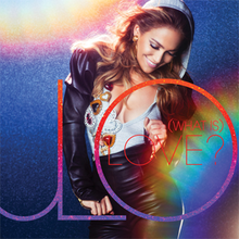 A rainbow background with a woman, in the word downside of rainbow-colour is JLO and inside of JLO is (WHAT IS) LOVE?