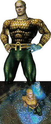 The upper image, taken from the gane's "character sheet" screen, shows Aquaman face on, striking a heroic pose. Prominent is left hand made of water that the character had in the comics at the time the game was developed. The lower image is an "in game" power activation from above, the characters hand raised and a blue "foam" effect surrounding him.