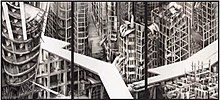 The Destruction of the City of Homs, 2016. Pen, ink and wash on paper, triptych, by Deanna Petherbridge CBE. Tate Gallery.