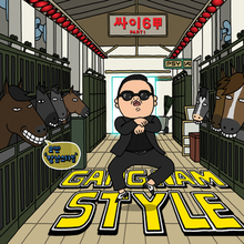 A drawing of a horse stable, with Psy performing a dance. The song's title is read in the floor with the album's title (Reading: "Psy 6 (Six Rules), Part 1" in Korean) on a sign on ceiling and the artist on the top right wall. A speech bubble is seen on the first horse on the left saying "Oppan'Gangnam Style'" in Korean.