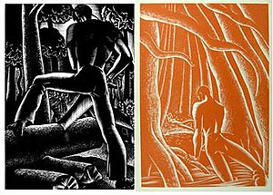 Two monochrome images. The left, in black, depicts a man from behind sawing wood, and the right, in orange, a man in the woods emerging from the water, directing himself toward a nude female who lies on the ground in the distance.