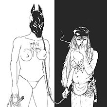 a black and white drawing of a scantily clad female sexual dominant smoking and holding a topless female submissive in a pig mask on a leash. The words “DEATH GRIPS” are crudely carved into the latter’s chest just above her breasts.