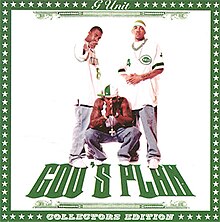 A photo of G-Unit, wearing white shirts and light blue jeans, against a white background. 50 Cent is squatting in foreground, while the other two members are standing behind him. In front of them on the floor is the green text "GOD'S PLAN". The image has a green border, covered in white stars, with the G-Unit logo at the top and "COLLECTORS EDITION" text at the bottom.