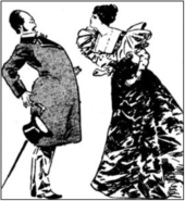 man in overcoat and top hat quailing at a verbal assault from a woman in elaborate evening gown
