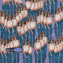 Cover art for "Deja Vu": several paper cut-outs of Rodrigo—who is wearing sunglasses, denim pants, and a white sleeveless shirt—placed against a purple sheet.