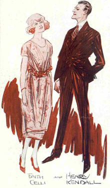 coloured sketch of young man and young woman in smart 1920s day wear