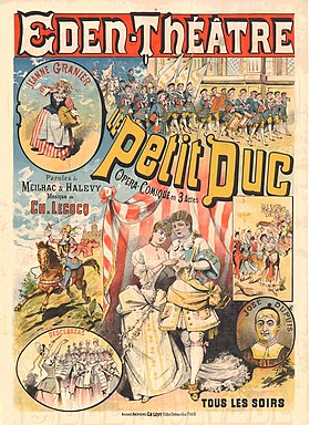 bright theatre poster showing six different scenes from a show, with characters in 18th-century costumes