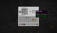 The player attempting to make a stone axe by placing the required materials into the crafting grid, a 3x3 block of item spaces hovering over the standard inventory, which is filled with other items.