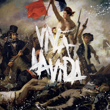 Close-up of Eugène Delacroix's 1830 painting Liberty Leading the People. The words "Viva la Vida" are written in white at the center.