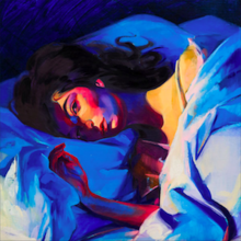 A painting of Lorde resting on a pillow. In the painting, the subject wears a negligée as the bed sheets wrap below the shoulder's surface. It is mainly painted in cool hues while the subject appears in warm hues.