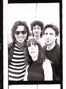 The Washington Squares. Left to right: Tom Goodkind, Lauren Agnelli, Billy Ficca, Bruce Paskow. Photographed at Cambridge Folk Festival, Cambridge, England, by Dudley Snodgrass, Esq.