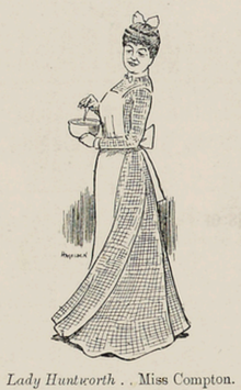 black and white sketch of middle aged white woman in long Victorian frock, wearing a cook's apron