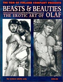 Cover image of Beasts & Beauties: The Erotic Art of Olaf, which shows two of Olaf's drawings. On the left, two naked satyrs; on the right, an undressed soldier with an erection fondles his nipple.