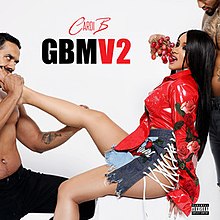 A man, on the right, is handling Cardi B from the back, and gives her cherries. Another man, on the left, is trying to eat her right foot. On the top, there is a Cardi B logo and written "GBMV2", and on the bottom-right is a Parental Advisory logo.