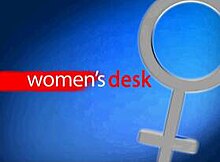 An image of women's gender symbol, over a blue background. The show title is displayed on the left side of the image. A red dash is seen behind the text "Women's".