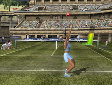 A screenshot of a player serving the ball in Top Spin.