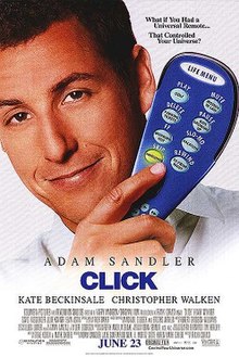 Adam Sandler holding a blue remote control. The film's tagline appears above him, with its title, release date, and production logos below.