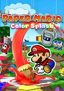 The cover art of the game, featuring Mario in the center using his paint hammer and splashing red paint on the ground, and Huey, a paint bucket, to his right. Multiple characters can be seen in the background.
