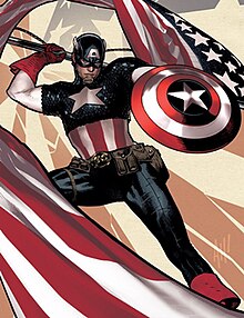Captain America posing while holding an American flag