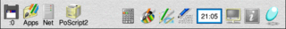 Screenshot of the icon bar under RISC OS 5 showing the following: Left portion, from left – Discs (in this case a single USB flash drive via SCSIFS), Apps folder (Resources:$.Apps), OmniClient (Network Filer), Printers, Right portion, from right – Task Manager, Help, Display Manager, Alarm, Edit, Draw, Paint, SciCalc