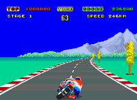 A motorcycle racing down a road