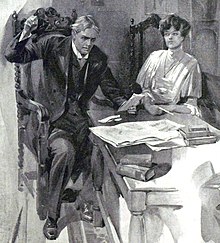white man reading a letter, raising a hand and looking horrified, watched by a woman with dark hair and intent facial expression