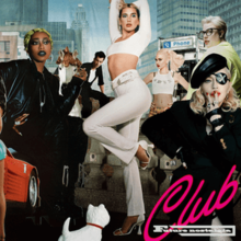 Dua Lipa wearing a white outfit in a crowded city, with Madonna and Missy Elliott beside her, and the Blessed Madonna, Gwen Stefani and Mark Ronson behind her. The album title, "Club Future Nostalgia" appears in white and pink writing in the bottom right.
