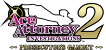 The logo shows "Ace Attorney Investigations" in purple, a golden number "2", and the subtitle "Prosecutor's Gambit", also in gold. Attached to the text is an outlined white silhouette of Miles Edgeworth pointing to the left.