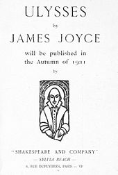 Page saying 'ULYSSES by JAMES JOYCE will be published in the Autumn of 1921 by "SHAKESPEARE AND COMPANY" – SYLVIA BEACH – 8, RUE DUPUYTREN, PARIS – VIe' with drawing of Shakespeare holding a book