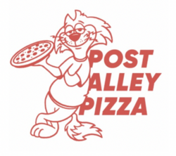 Graphic of a feline holding a pizza, next to the text "Post Alley Pizza"