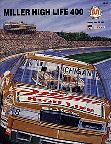 The 1989 Miller High Life 400 program cover, featuring Bobby Hillin Jr. Artwork by NASCAR artist Sam Bass.