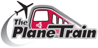 The Plan Train logo, showing an illustrated red train car with a jet taking off in the background