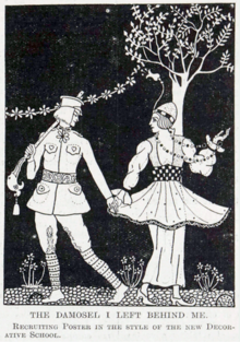 comic drawing of a soldier taking leave of his sweetheart: both are dressed in the ornate, stylised fashion of the Russian Ballet