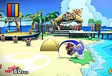 Mario along the coastline of a beach. Behind him is a smoothie stand and a show stage, and is populated by various other characters.