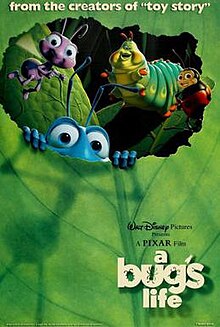 The poster features Flik peeking out of the leaf with the rest of the circus bugs including Francis, Heimlich, and Dot.