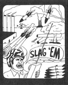 Original game cover, featuring a cartoon battle scene with missiles and factories, and a soldier saying "Slag 'em"